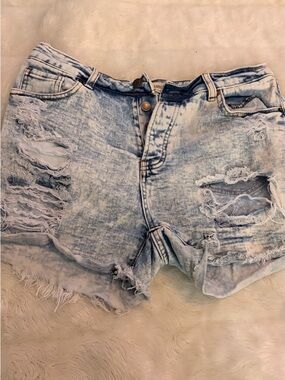 Distressed Light Blue Acid-Wash Denim Shorts